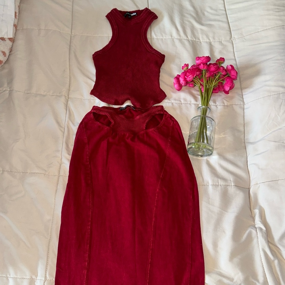 Fashion Nova Midnight Boundaries Ribbed Skirt Set - Red